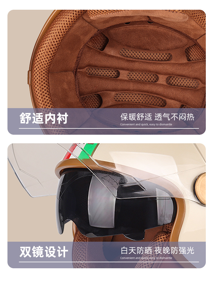 Jiarui Motorcycle Half Helmet for Men and Women, Harley Helmet, Double Mirror, All-Season Warm Retro Style Safety Helmet