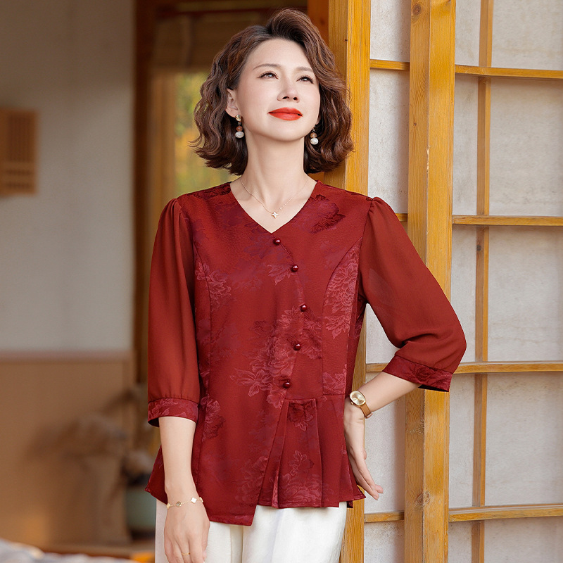 Middle-aged Mother's Summer Dress Seven-sleeve T-shirt Middle-aged and Elderly Women's Mother's Day Printed Silk 2025 New Top Middle-aged Mother's Summer Dress Seven-sleeve T-shirt Middle-aged and Elderly Women's Mother's Day Printed Silk 2025 New Top