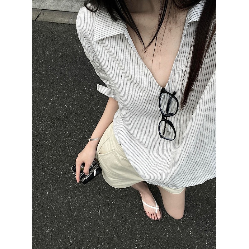 纯棉拉链条纹v翻领衬衫女2025新款爆款夏季宽松衬衣薄款开衫上衣|undefined
