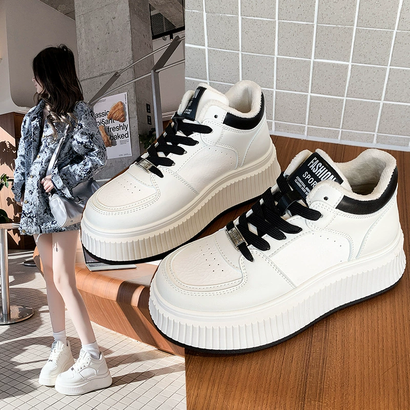 Keep warm high fleece universal sneakers platform, white shoes for leisure, for teenagers