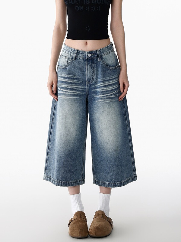 American Retro Wide-Leg Cropped Jeans for Women, Summer Thin Low-Waist New Style, Loose Straight Mid-Length Pants