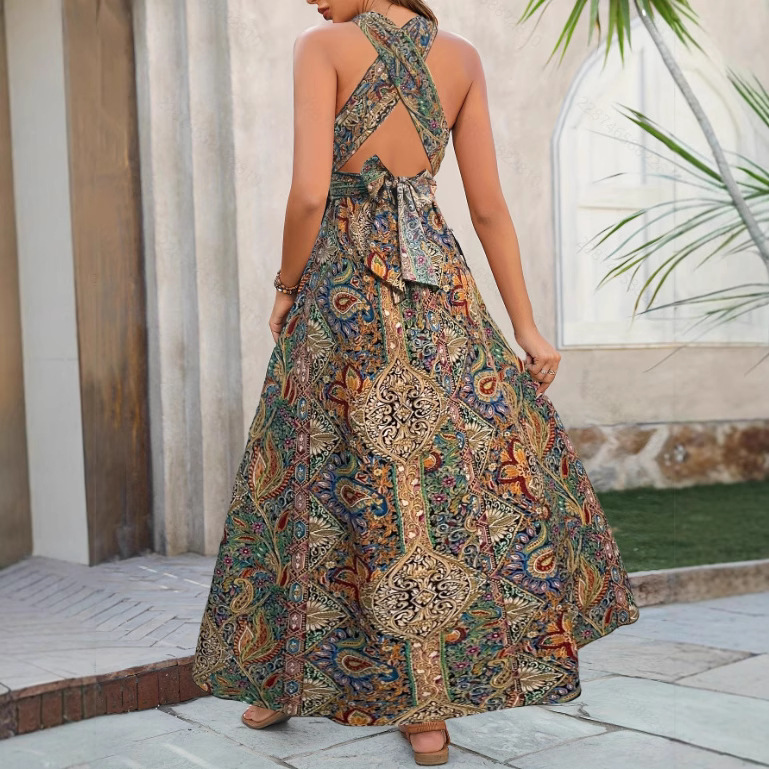 Bohemian Style Halter Neck Backless Split Long For Women Summer Vacation Printed Beach Dress With Large Swing_ecoleips.com