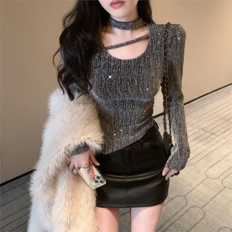 Pure Desire Hot Girl Halter Top Women's Spring and Autumn Irregular Body Shape Chic and Beautiful Bright Silk Bottoming Shirt