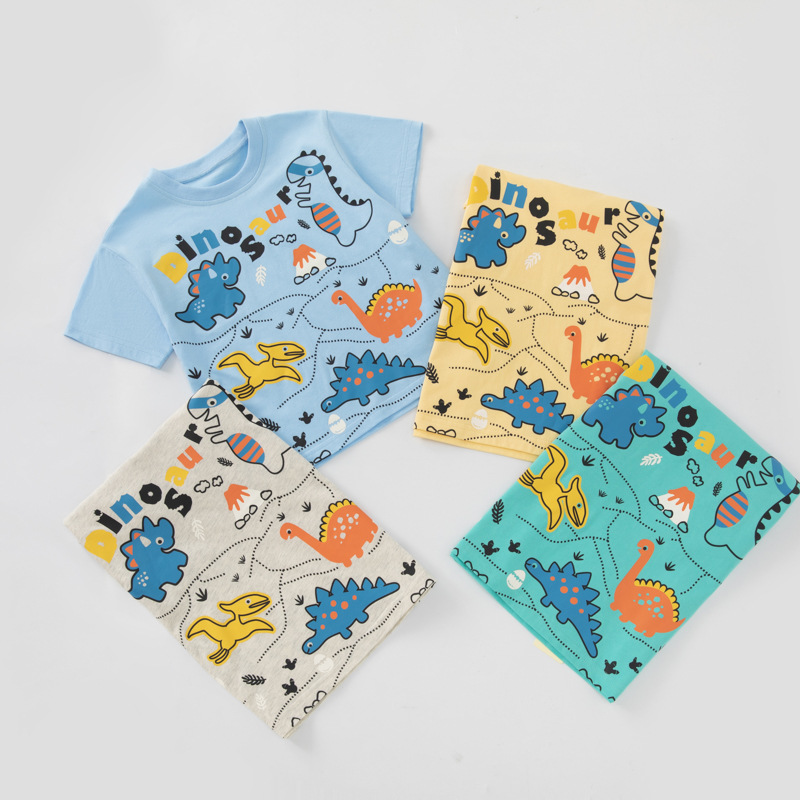 Betop ropa infantil transfronteriza niños dibujos animados coreanos bebé dinosaurio camiseta de manga corta niño verano cuello redondo cabello de una pieza