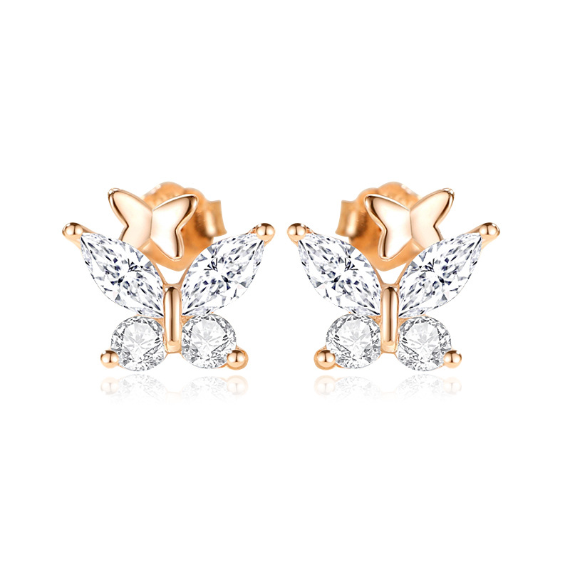 Los nuevos y elegantes pendientes de mariposa doble de diamantes flash plateados S925 lindos y dulces, pequeños y exquisitos pendientes de primavera y verano todos los días todo-fósforo