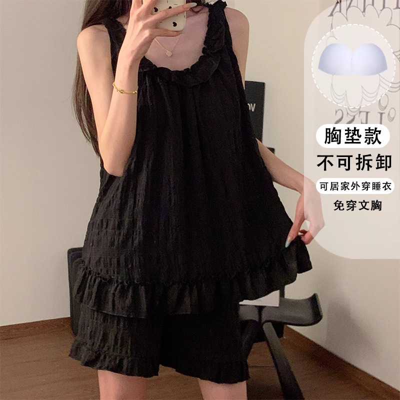 Korean Ins Cloud Cotton Pajamas for Women Summer with Breast Pads Suspender Shorts Black Lace New Home Wear Set