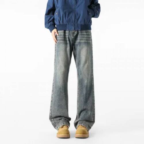 American retro washed and used jeans, men's spring and autumn fashion brand design, niche loose straight, wide-leg long pants