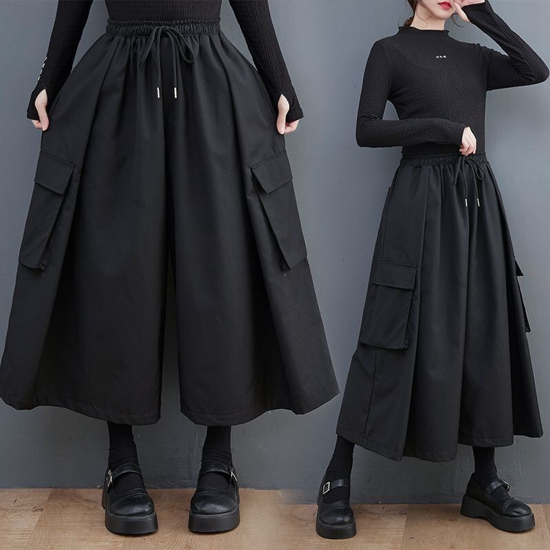 Spring and summer new dark slim loose wide leg pants large pocket elastic waist casual culottes work pants