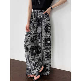 鹿西波西米亚方块印花休闲裤女夏季新款复古民族风抽绳阔腿裤1896