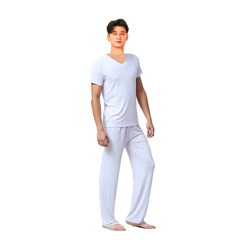 White V-neck short sleeve + white straight pants