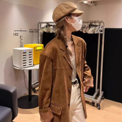 美拉德棕色麂皮绒西装外套女秋季设计感小众宽松休闲复古西服上衣