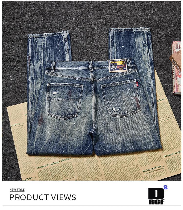​​Men's Premium Heavyweight Vintage Jeans – Streetwear Distressed Washed Denim Pants, Relaxed Straight-Leg Fit, Light Blue​​_mkmklike.com