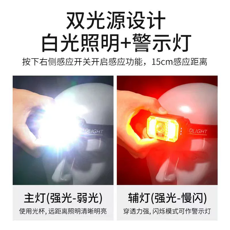 Amazon dual -light sensing red light head light head wearing strong light far near light fishing light Type C charging headlights
