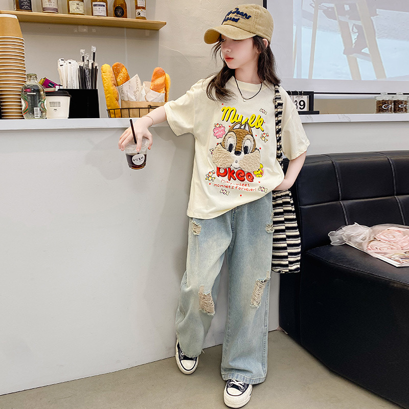 Girls' Summer Outfit 2026 New Style Summer Children's Short-Sleeve T-Shirt Loose Ripped Jeans Two-Piece Set for Older Kids Girls' Summer Outfit 2026 New Style Summer Children's Short-Sleeve T-Shirt Loose Ripped Jeans Two-Piece Set for Older Kids