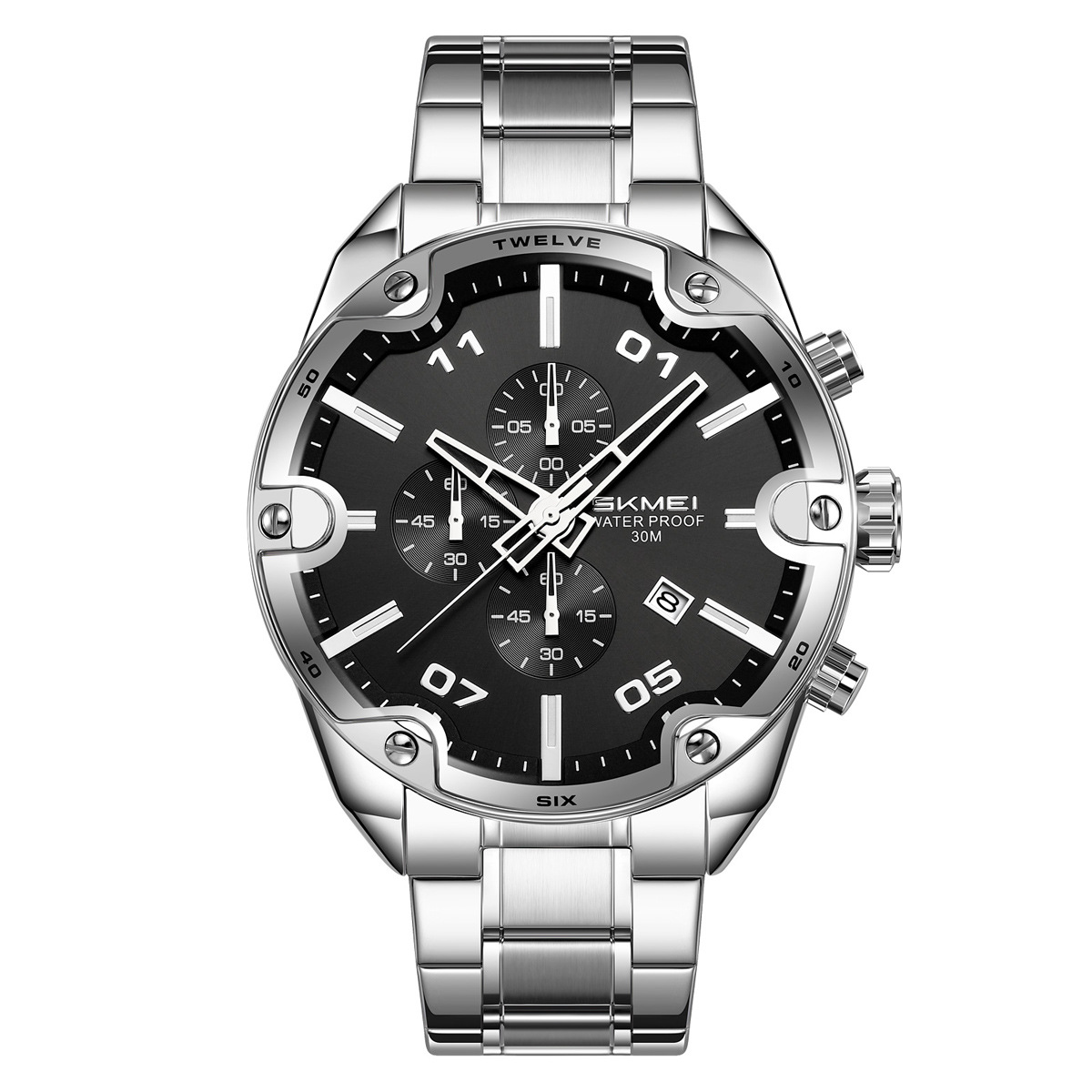 Momento de belleza reloj de hombre tres ojos multifuncional impermeable reloj de hombre correa de acero relojes de pulsera personalizados transfronterizos fábrica al por mayor