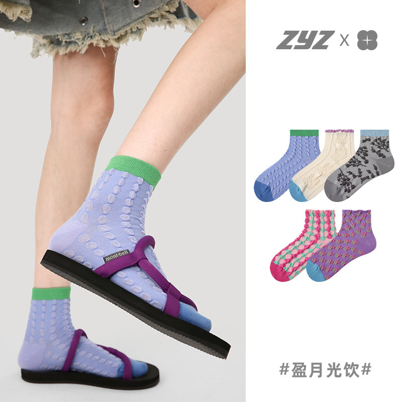 Renaissance socks women's spring and summer socks three-dimensional flower New Chinese thin bubble mouth ins trendy boat Socks