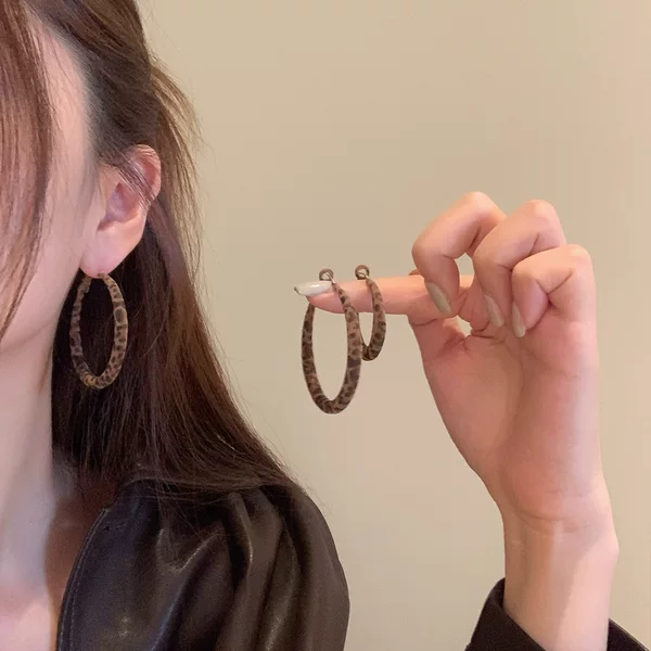Retro Leopard Print Hong Kong Style Hoop Earrings for Women 2025 New Hot Style Fashionable Exaggerated Earrings High-End Elegant Earrings
