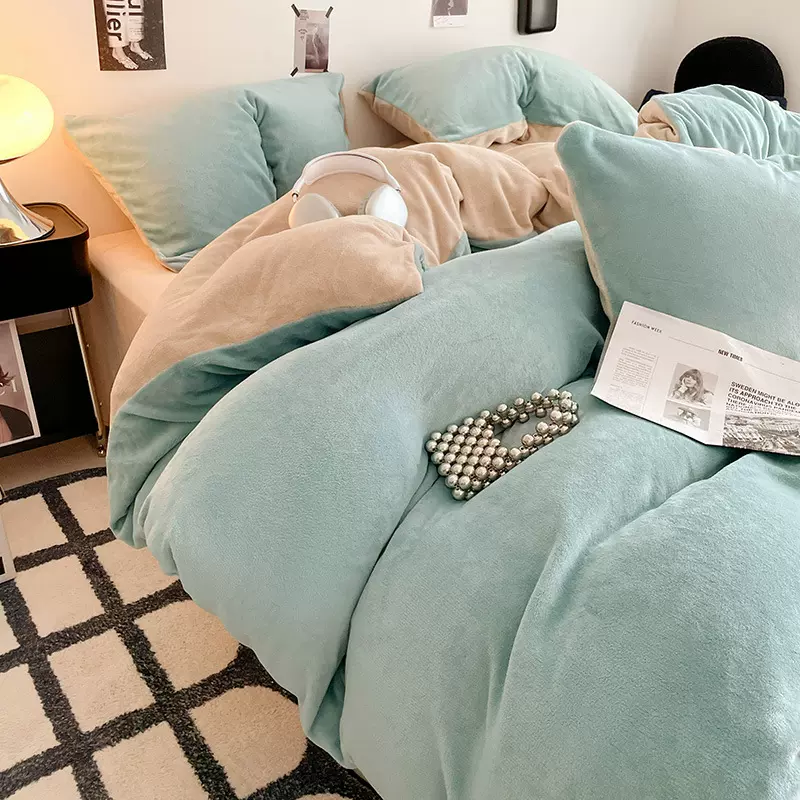 牛奶绒四件套A类母婴级珊瑚绒被套纯色床单保暖宿舍三4件套床笠款