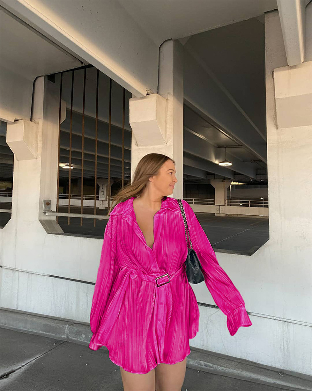 Women's Clothing 2024 women's new shirt collar fashion women's elastic waist pleated long sleeved lace up dress_mkmklike.com