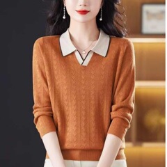 翻领毛衫女薄款长袖上衣秋装2025年新款妈妈毛衣针织打底衫春秋潮