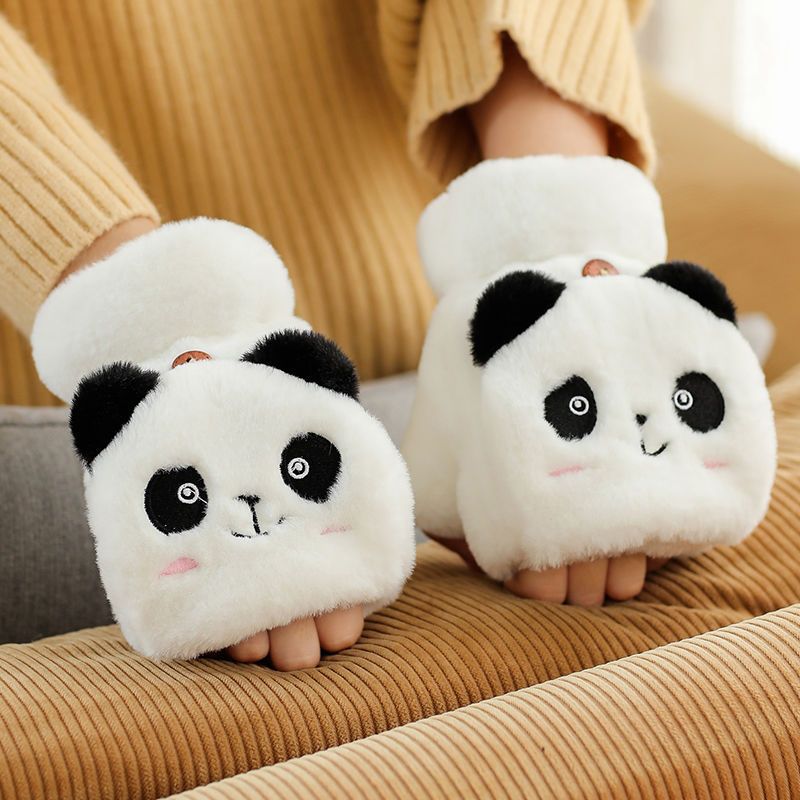 熊猫翻盖半指手套冬可爱毛茸加绒加厚保暖卡通女学生写字骑车百搭