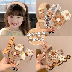 布藝發箍兒童發卡頭飾女孩花邊蕾絲髮飾奶咖色女童蝴蝶結頭箍