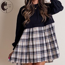 H 45695 Plaid Patchwork Dress ƴ�Ӹ����B��ȹ �羳�W��