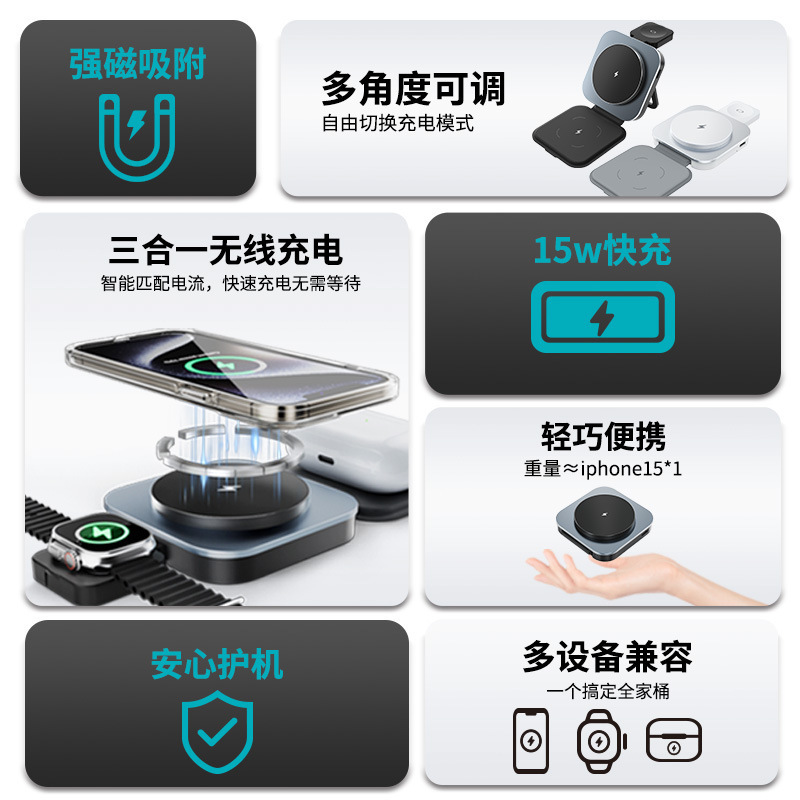 Cargador inalámbrico 3 - en - 1 1.9CM de espesor cargador inalámbrico plegable ultra delgado para Apple Huawei 15w