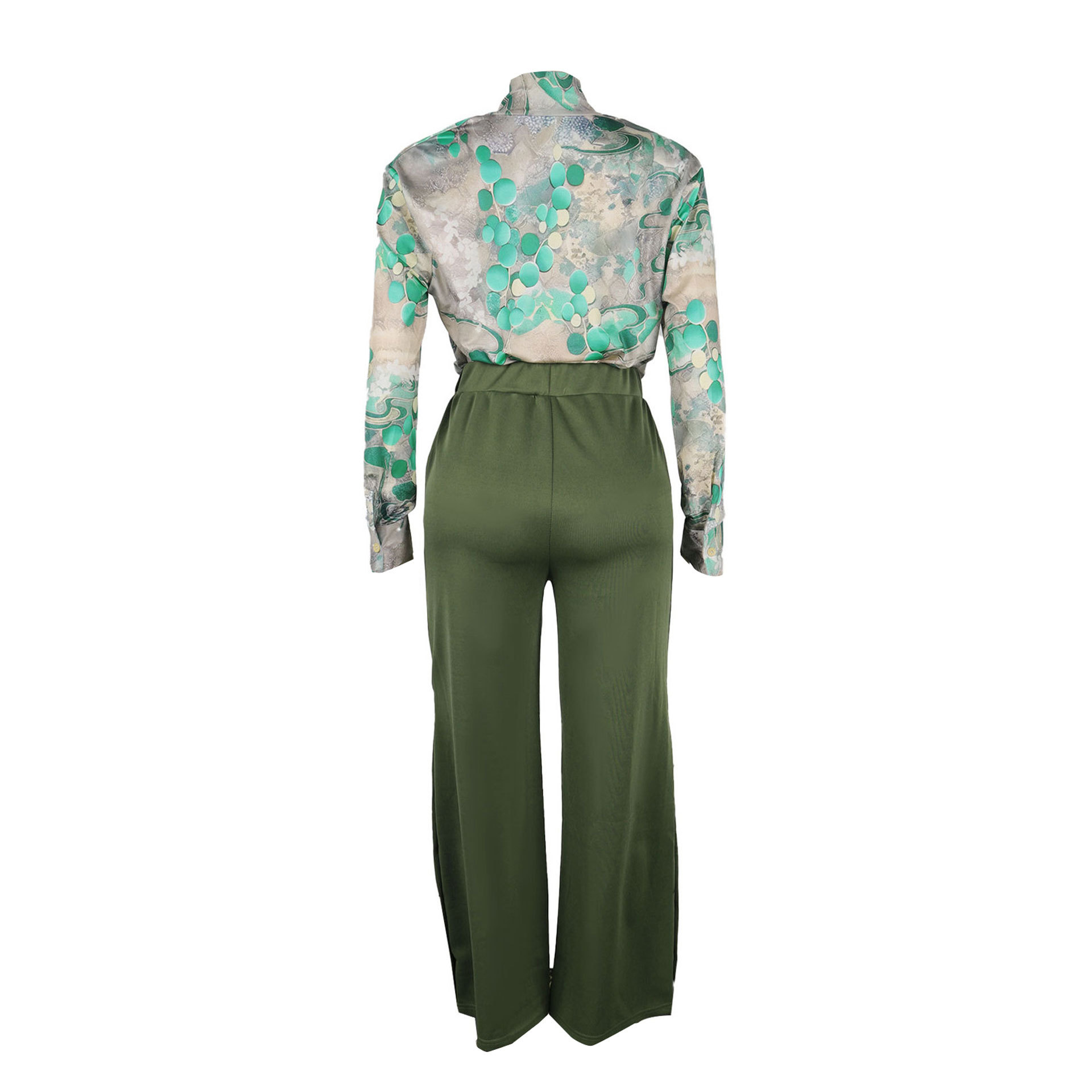 Women Printed V neck Shirt Wide Leg Pants Two Piece Set