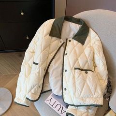 小香风撞色菱格翻领棉服秋冬女2025时尚宽松百搭短款轻薄夹棉外套