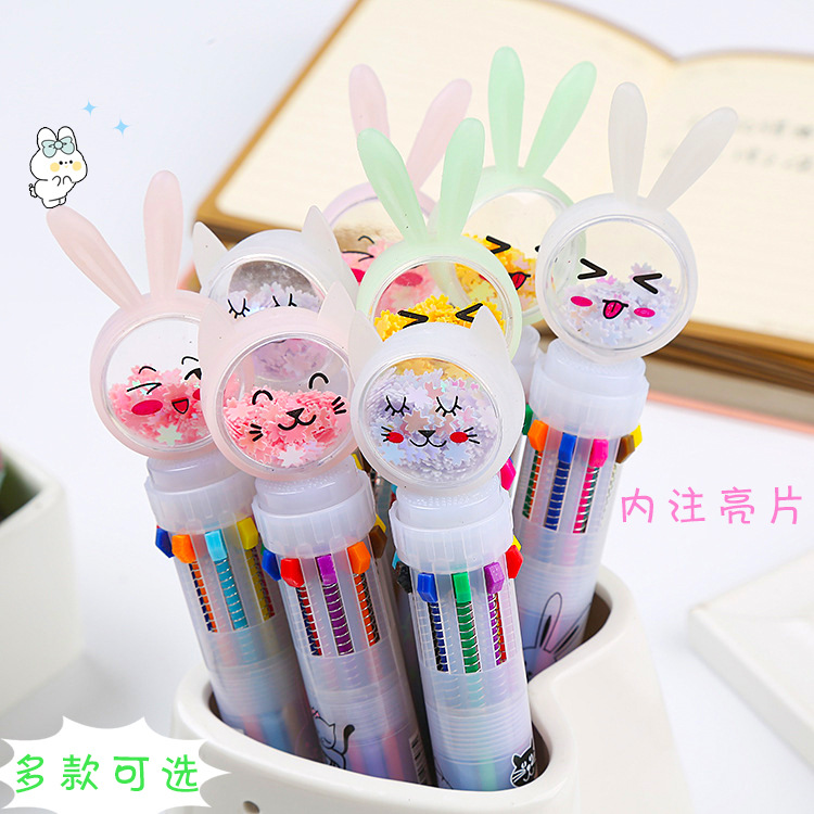 Empuje creativo lentejuelas bolígrafo de diez colores lindo conejo gato mariposa color aceite pluma estudiante multicolor diario pluma