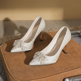 2023 New Pointed Stiletto Heel High Heels Large Size Fattening Widened Pearl Wedding Shoes Fattening Women's Single Shoes Small Size Shallow Mouth