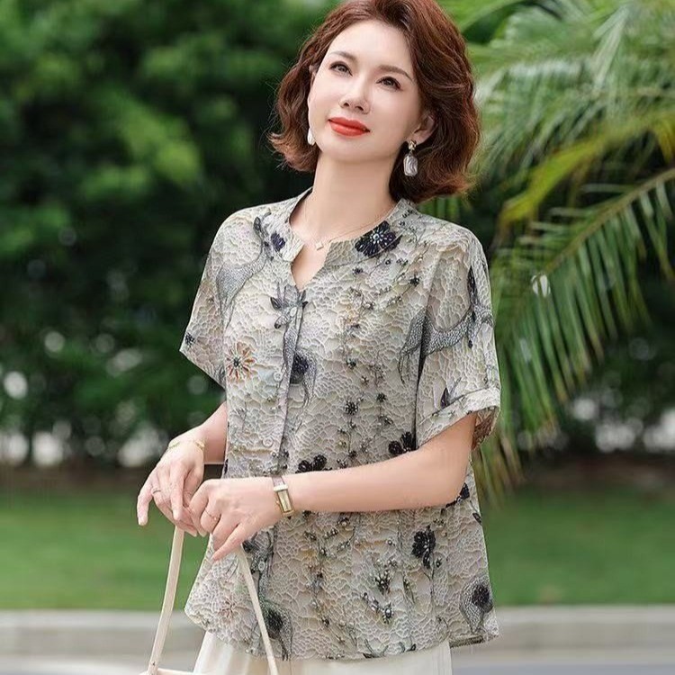 ママの夏のおしゃれトップス、中年半袖シャツ、婦人服、中高年女性の新作夏Tシャツ、洋風スーツ|undefined
