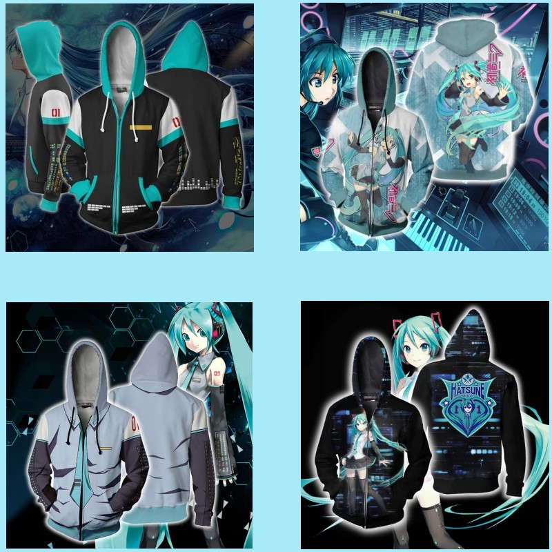 新款 初音未来系列 3D印花拉链开衫连帽卫衣外套 cosplay动漫周边