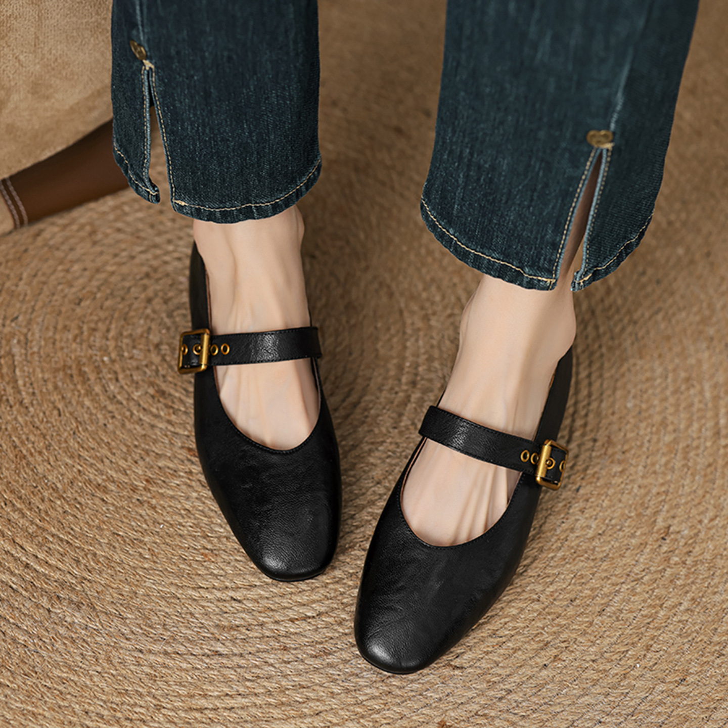Giày Mary Jane nữ quai ngang miệng nông da mềm đế xuồng — màu nâu