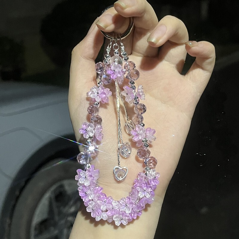 轻奢超闪粉紫色水晶钥匙扣高端精致少女心防丢摔手机包包甜美挂链|undefined
