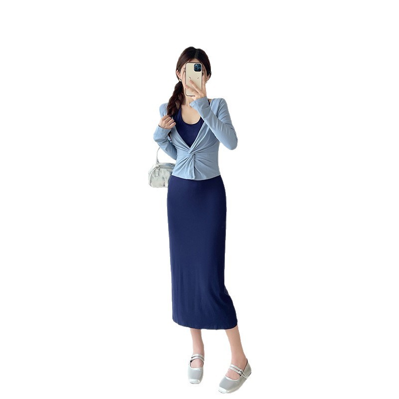纯欲扭结挂脖针织裙女2025秋冬收腰撞色两件套连衣裙高级感长裙子|undefined