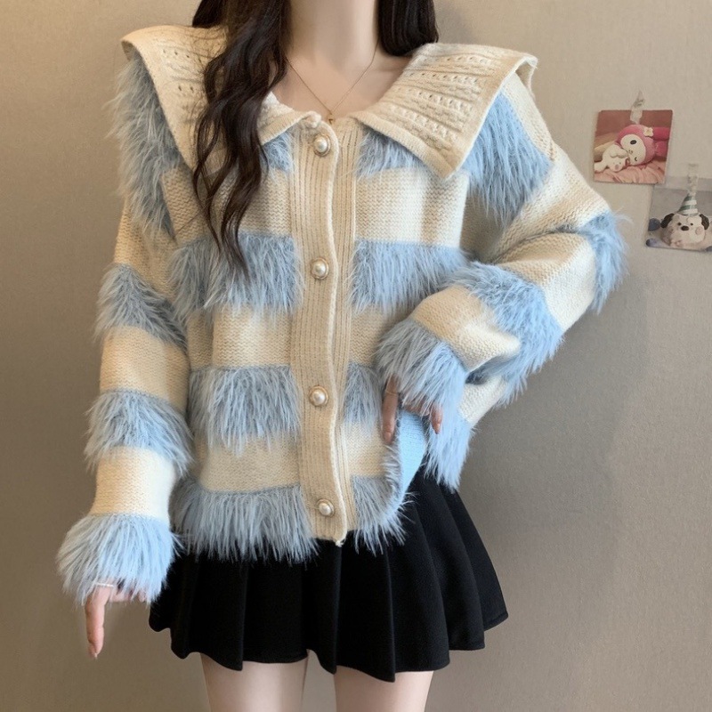 仿貂绒毛衣外套女秋冬甜美温柔风娃娃领软糯上衣独特别致针织开衫