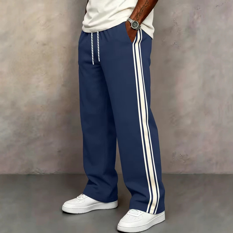 2026 Cross-Border Foreign Trade American Style Men's 3D Casual Sports Loose Waist-Tightened Jogging Simple Vertical Stripe Wide-Leg Trousers