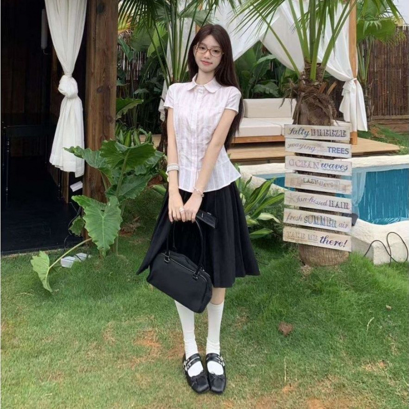 少女感时尚套装女百搭条纹翻领小飞袖短袖衬衫A字日系百褶半身裙|undefined