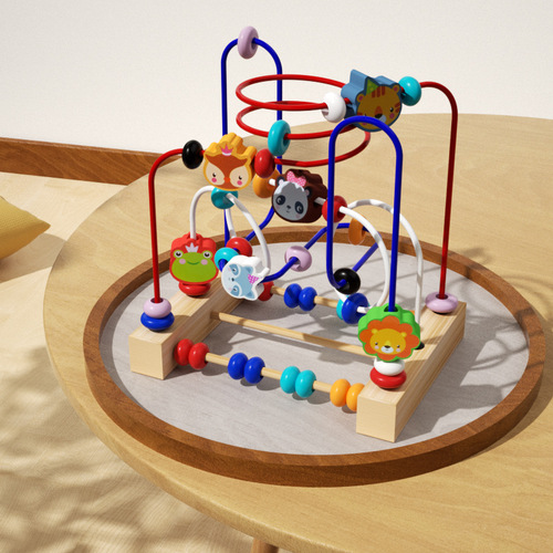 Multifunctional Animal Bead Wooden Three-Track Bead Toy Hand-Eye Coordination Training Early Education Brain Teaser Building Blocks