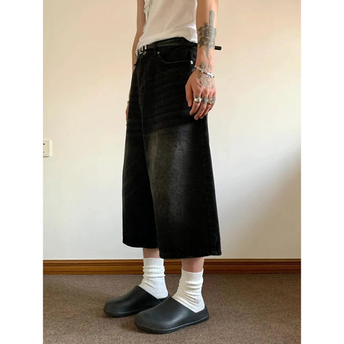 American seven-quarter denim retro shorts 2025 summer new high-waist loose black washed wide-leg straight pants