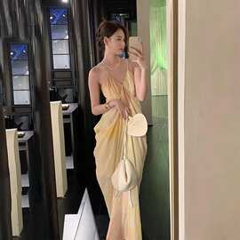 法式仙女气质海边度假长裙垂坠感黄色晕染印花v领吊带连衣裙女夏