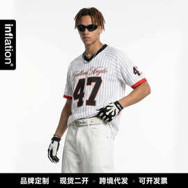 捷展男装|美式条纹网洞运动球衣2026春夏新品街头休闲宽松V领短袖