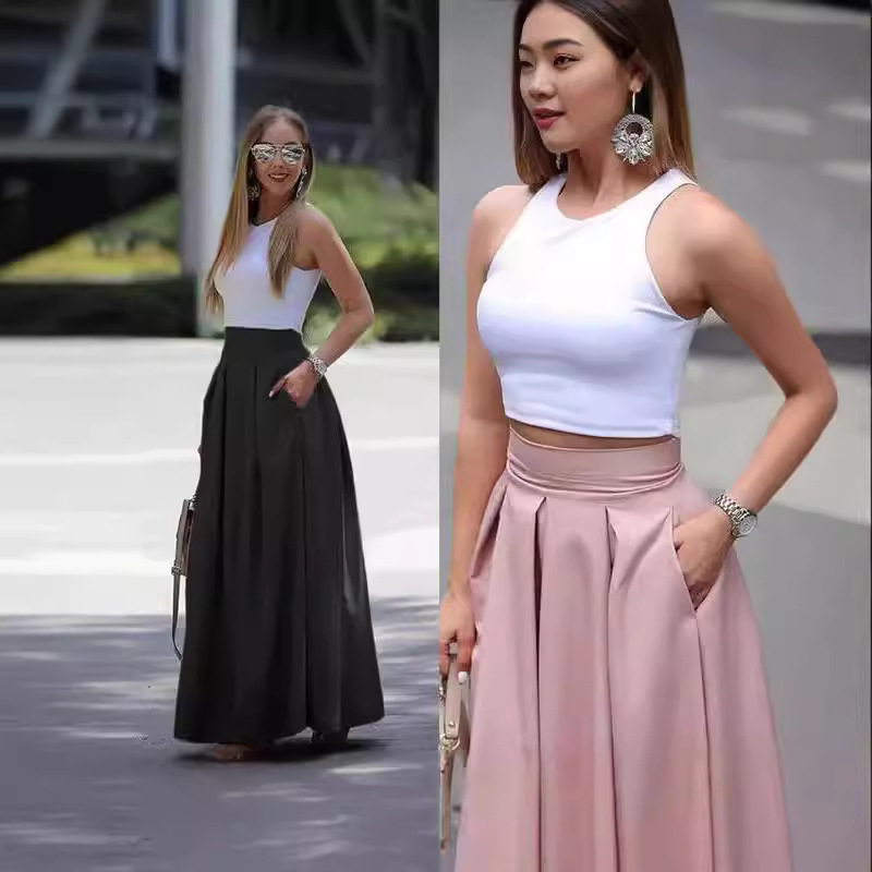 Damen-Midirock in Übergröße, hochtailliert, plissiert, einfarbig, A-Linie, lässiger Stil_voghion.com