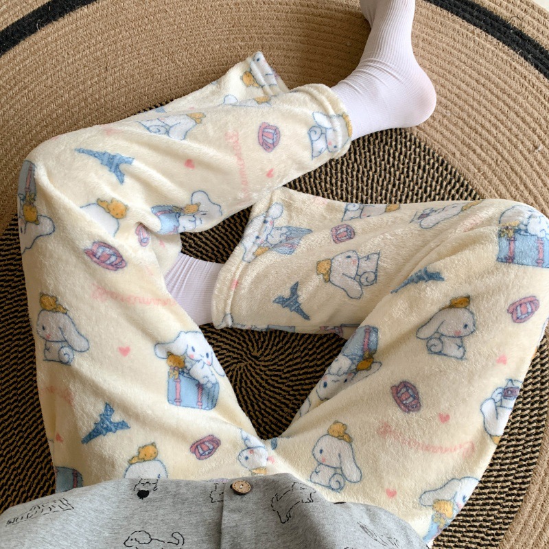 Pantalones de pijama de franela de dibujos animados de otoño y invierno para mujeres con pantalones de lana de coral caliente para estudiantes de lana de invierno para el hogar