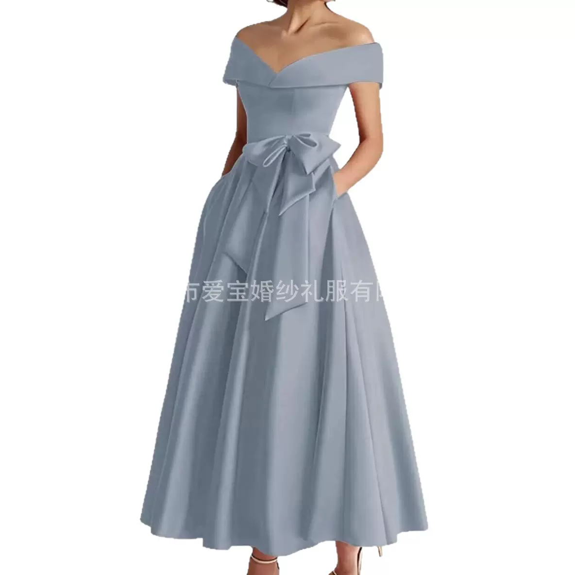 欧美货源缎面礼服女装宴会礼服一字肩中长款派对晚礼服厂家直销