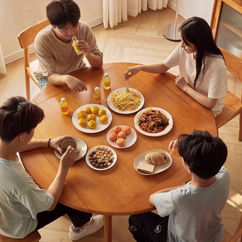 Mesa de comedor redonda plegable de madera sólida para el hogar, mesa de comedor cuadrada retráctil y silla combinada de mesa de comedor de madera de cerezo