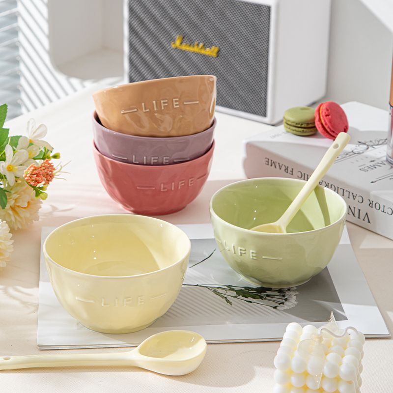 [Life] Ceramic Embossed Letter Bowl Rice Bowl Home Dormitory Dessert Bowl Oatmeal Bowl Color Glaze High-End