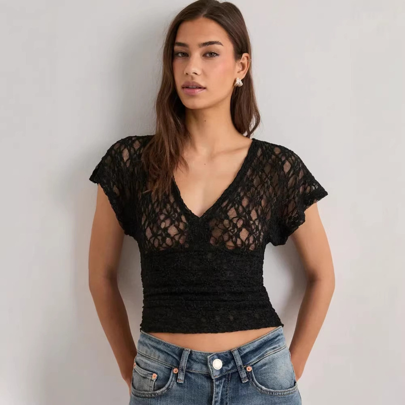 2026 Summer New Style Y2K Women's Floral Lace Short-Sleeved Top Transparent Mesh See-Through Shirt Sexy Top
